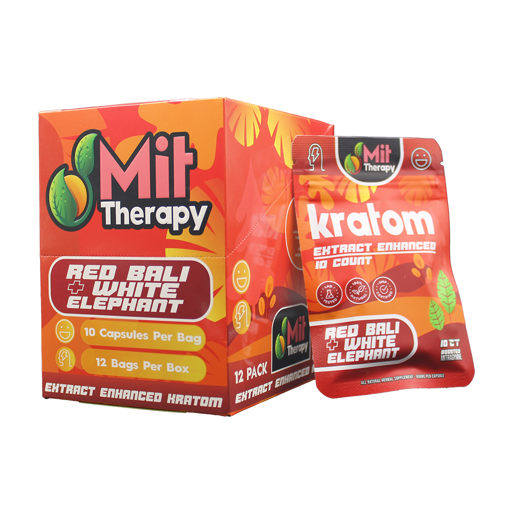 MIT Therapy Kratom Capsules 650mg 10ct Pouch (12pc Display) - Red Bali/ White Elephant with packaging