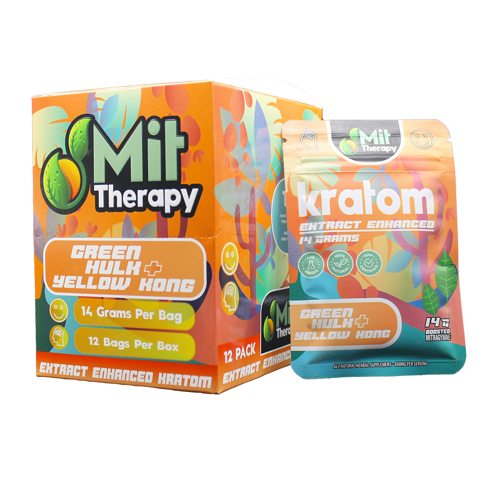 MIT Therapy Kratom Powder (650mg 14g Pouch) • MOQ 12 - Green Hulk/ Yellow Kong with packaging