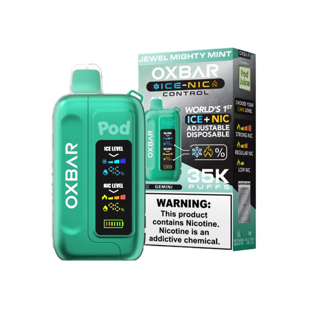 Oxbar Ice-Nic Control Pod Juice Edition Disposable | 35000 Puffs | 14mL | 50mg | MOQ 5 | Jewel Mighty Mint with packaging