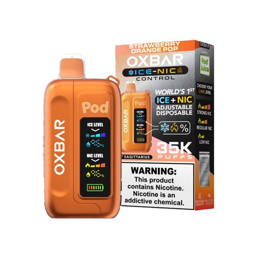 Oxbar Ice-Nic Control Pod Juice Edition Disposable | 35000 Puffs | 14mL | 50mg | MOQ 5 | Strawberry Orange Pop with packaging