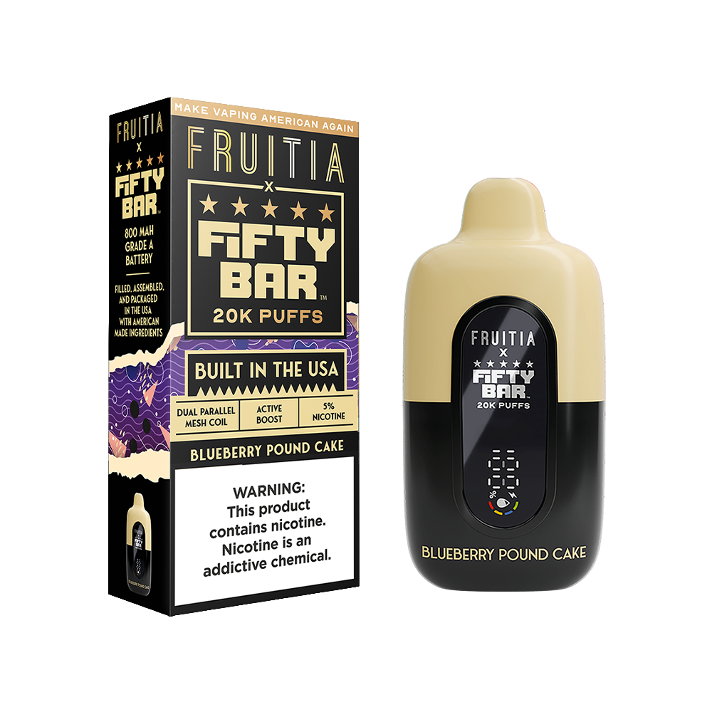 Fifty Bar Fruitia Disposable | 20000 Puffs | 16mL | 50mg | MOQ 5 | Blueberry Pound Cake with packaging