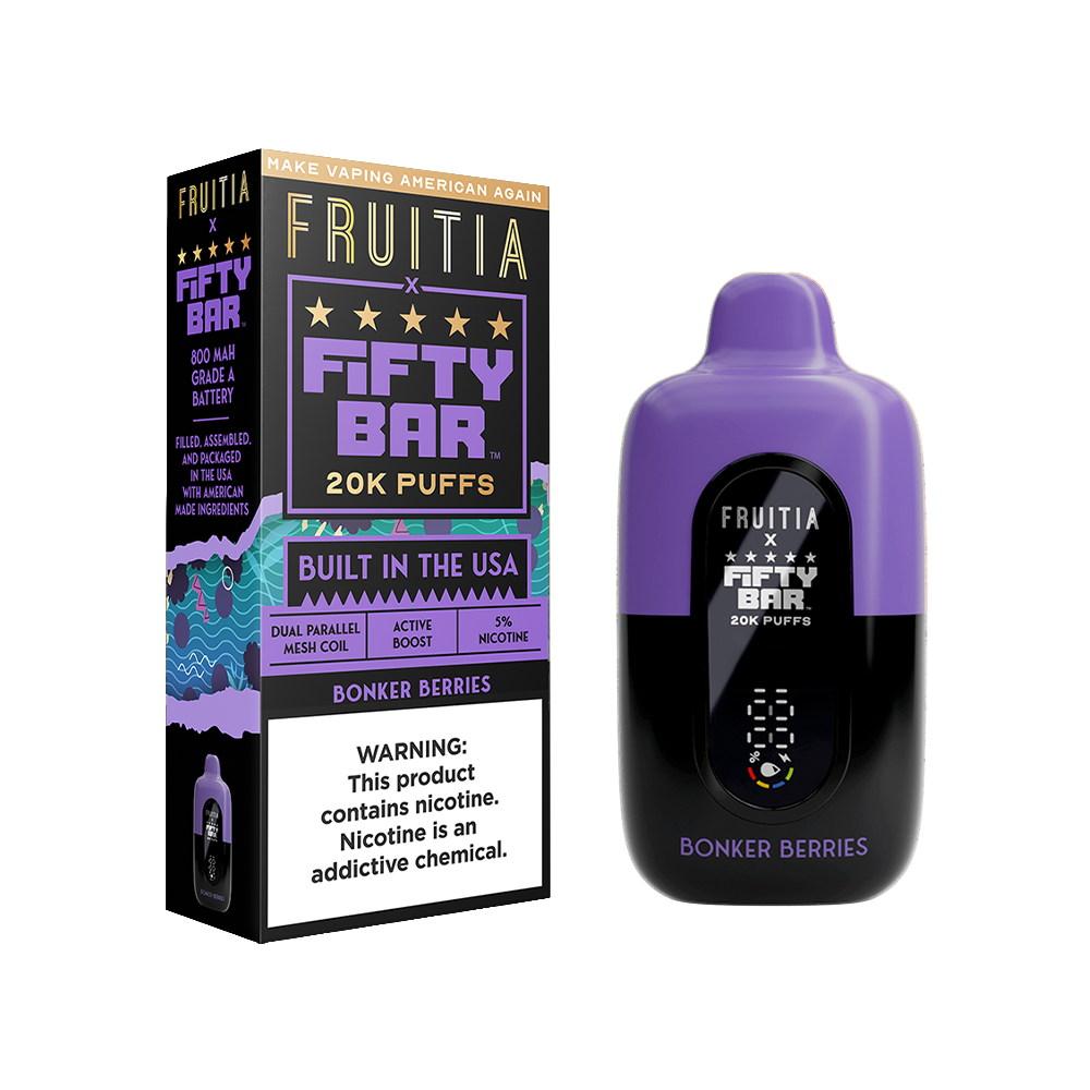 Fifty Bar Fruitia Disposable | 20000 Puffs | 16mL | 50mg | MOQ 5 | Bonker Berries with packaging