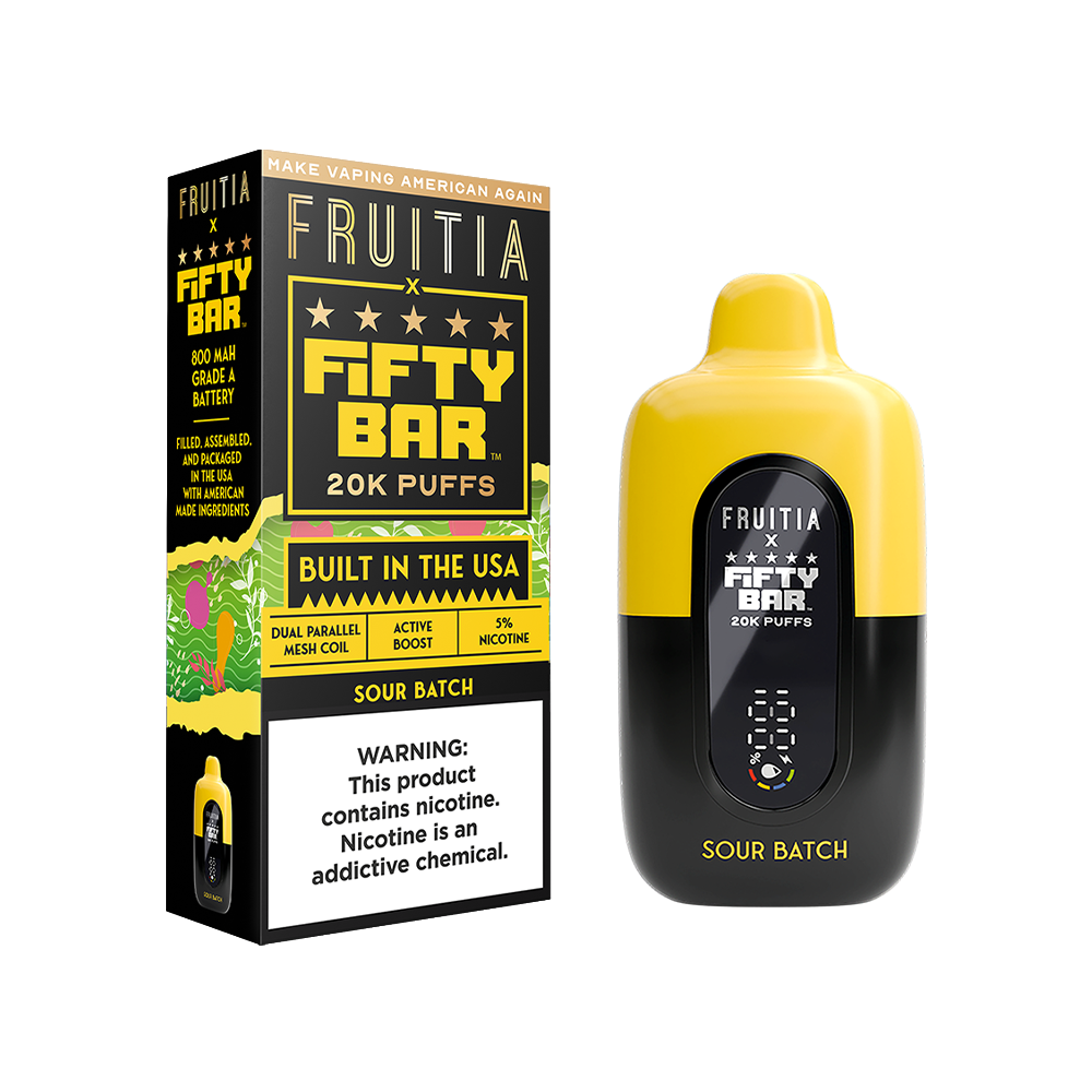 Fifty Bar Fruitia Disposable | 20000 Puffs | 16mL | 50mg | MOQ 5 | Sour Batch with packaging