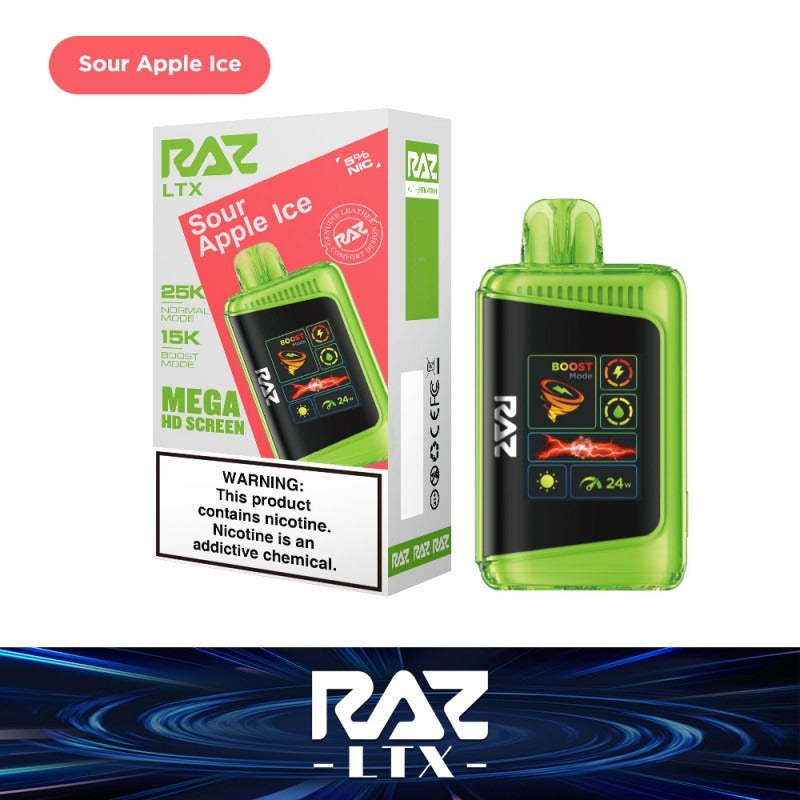 RAZ LTX Disposable | 25000 Puffs | 16mL | 50mg | MOQ 5 | Sour Apple Ice with packaging