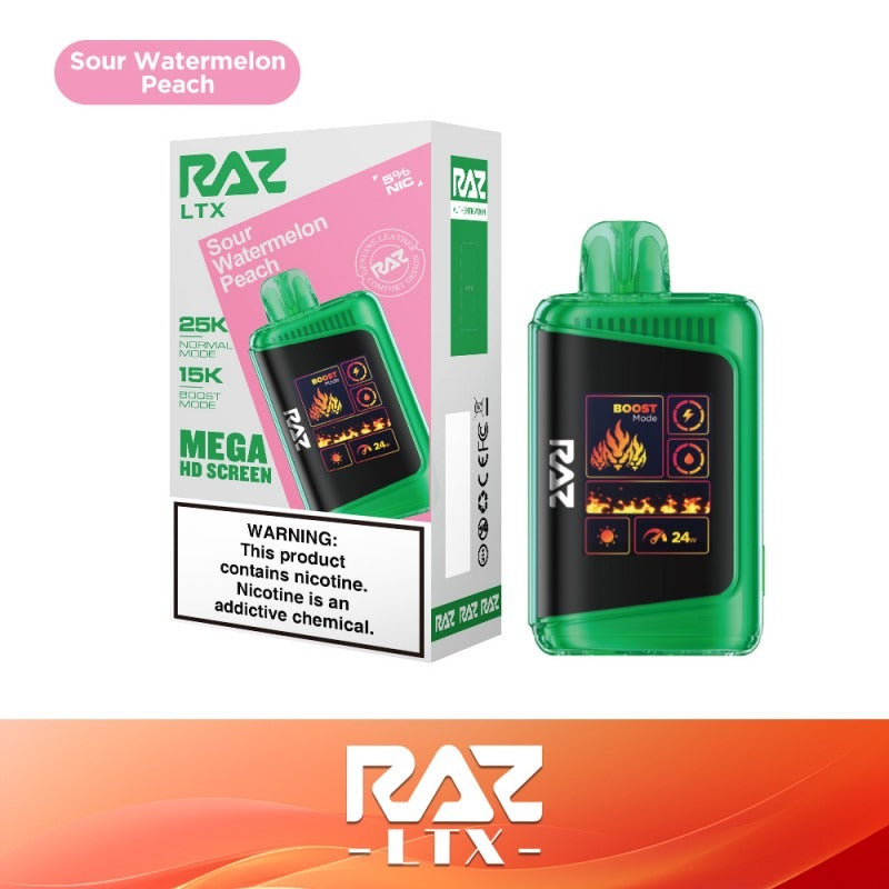 RAZ LTX Disposable | 25000 Puffs | 16mL | 50mg | MOQ 5 | Sour Watermelon Peach with packaging