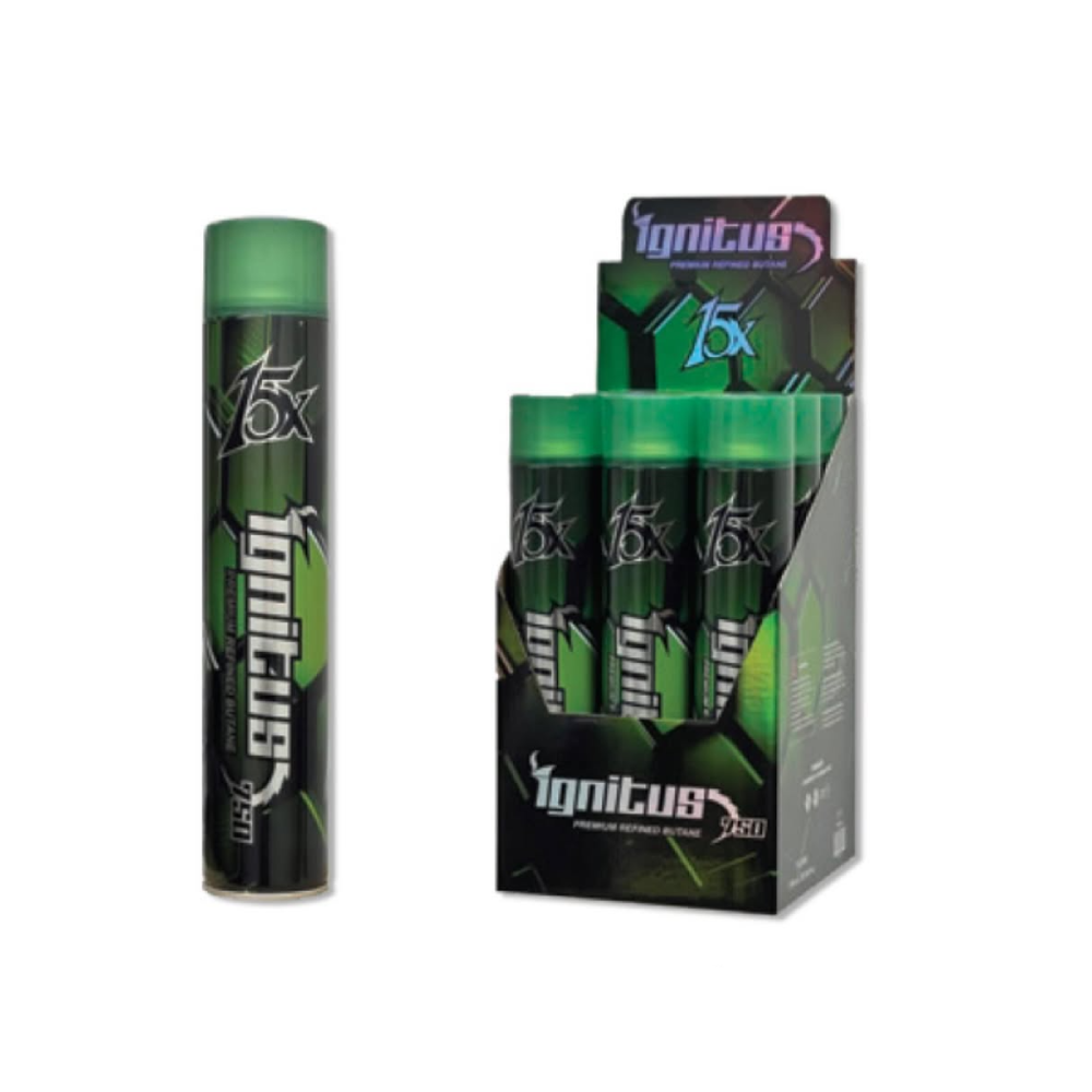 Ignitus Premium 15X Ultra Refined Butane 25.36oz 750mL (SAS) (9pc Display) - Green Cannister with packaging