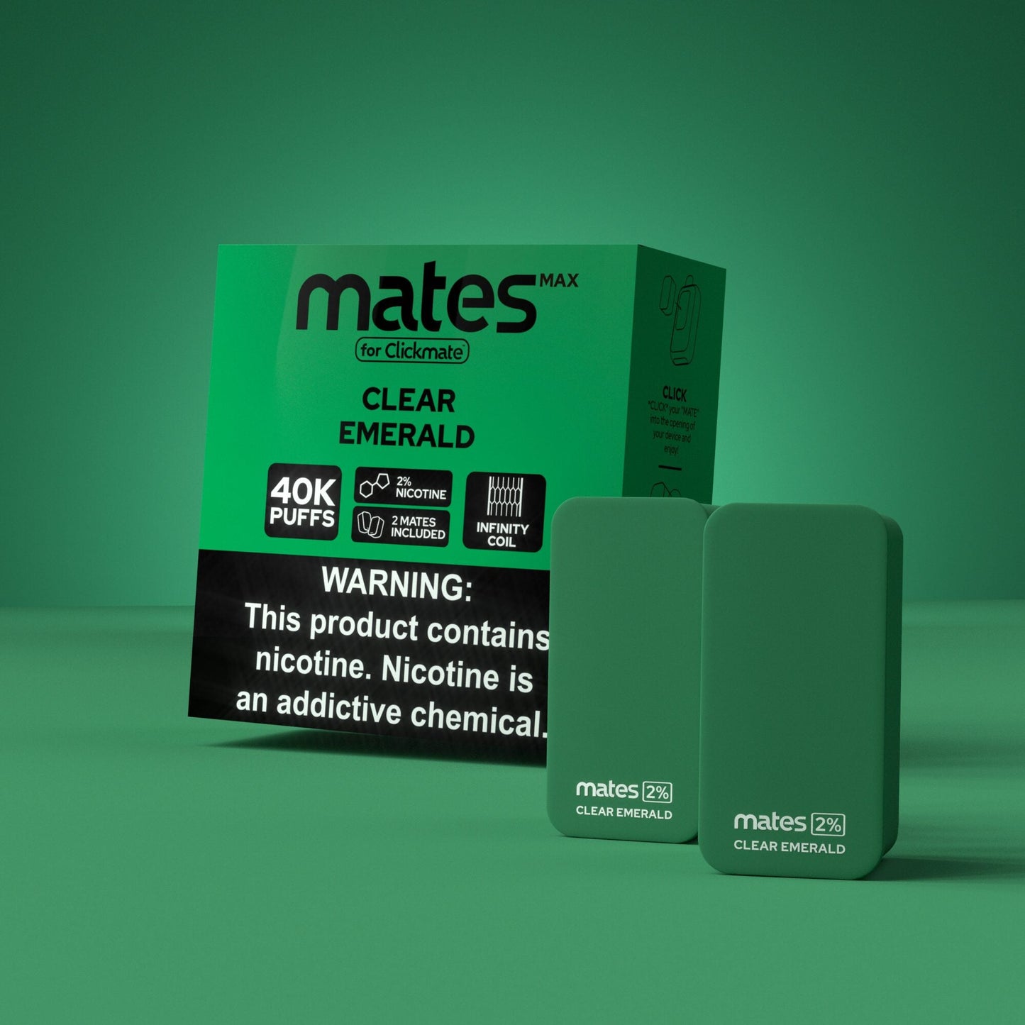 7Daze Clickmates | 2% Prefilled Mates MAX | (2-Pack) | Clear Emerald with packaging