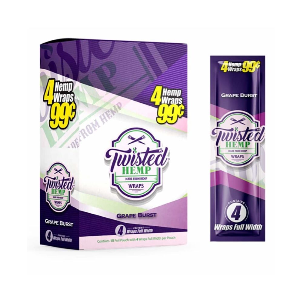 Twisted Hemp Wraps (15 Foil Pouch 4 Wraps) - Grape Burst with packaging