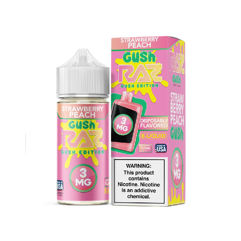 Pod Juice + RAZ Disposables Collab E-Liquid 100mL (Freebase) - Strawberry Peach Gush with packaging