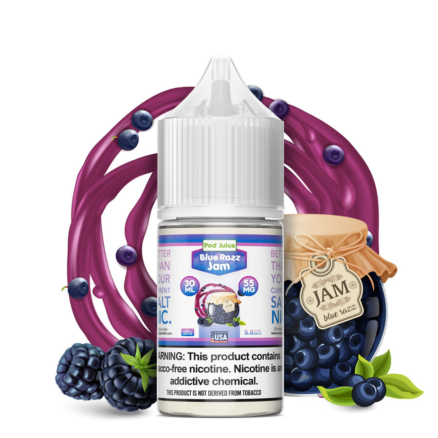 Pod Juice | TFN Salt Series E-Liquid | 30mL | 55mg | (Salt Nic) | Blue Razz Jam bottle