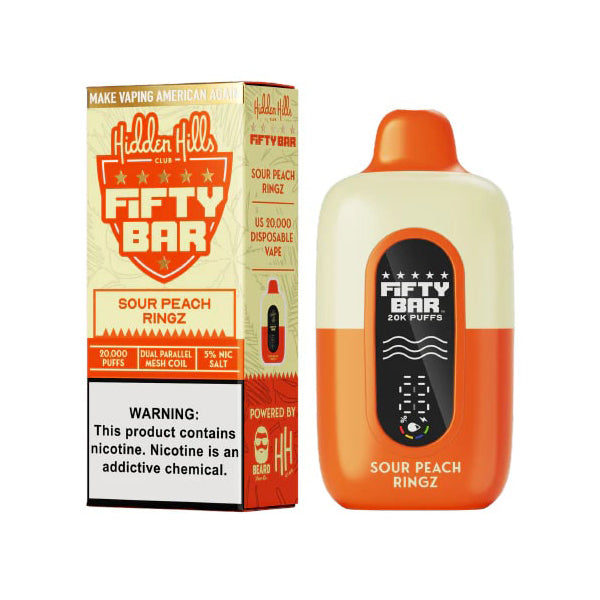Fifty Bar 20K Hidden Hills Disposable 20000 Puffs 16mL 50mg | Sour Peach Ringz with packaging