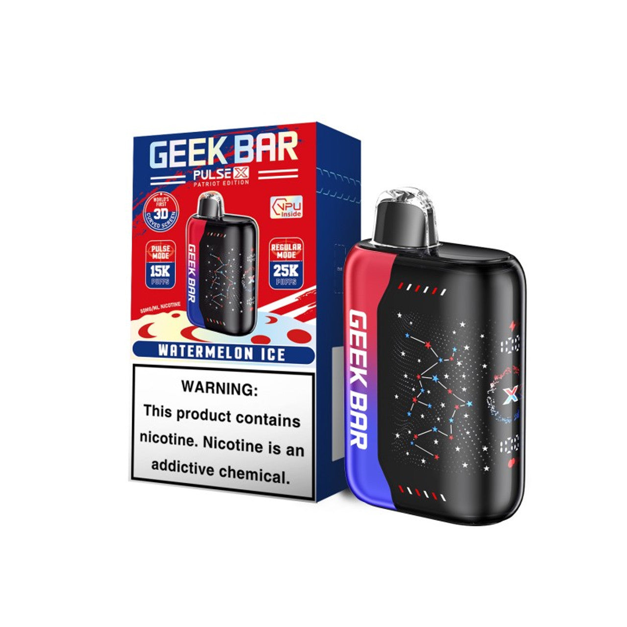 Geek Bar Pulse X Disposable | 25000 Puffs | 18mL | 50mg | MOQ 10 | Patriot Edition | Watermelon Ice with Packaging