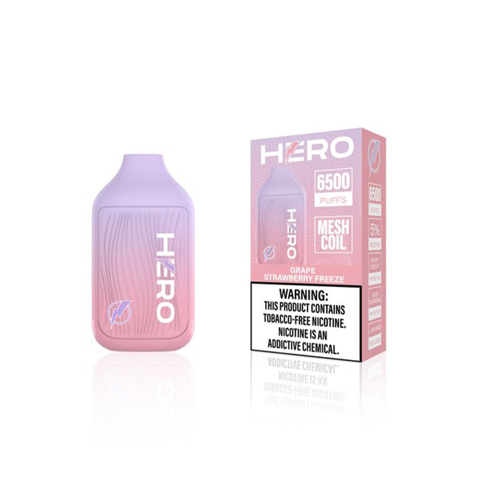 Hero Disposable 6500 Puffs 9mL 50mg Grape Strawberry Freeze With Packaging