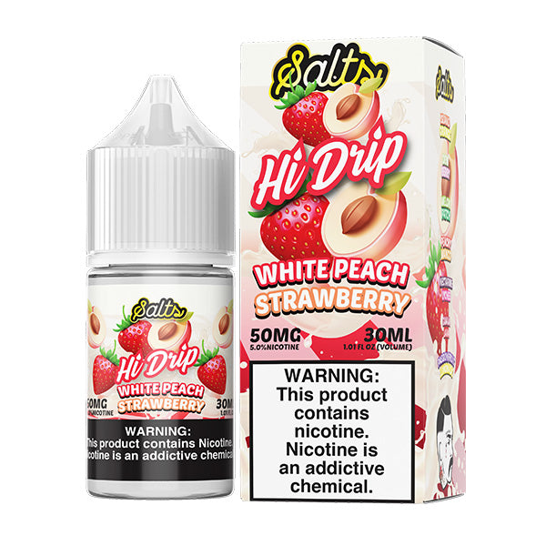 Hi-Drip Salt Series E-Liquid | 30mL | 50mg | Salt Nic | White Peach Strawberry with packaging