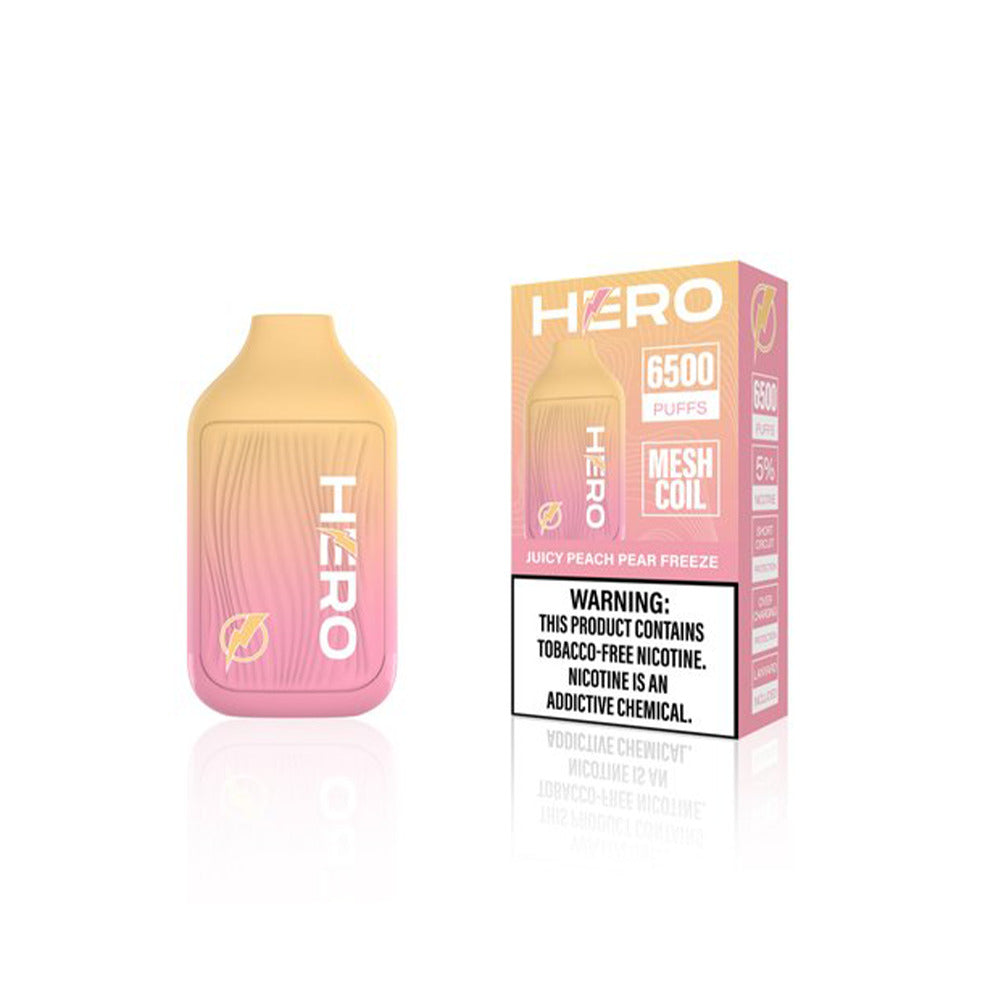 Hero Disposable 6500 Puffs 9mL 50mg Juicy Peach Pear Freeze With Packaging