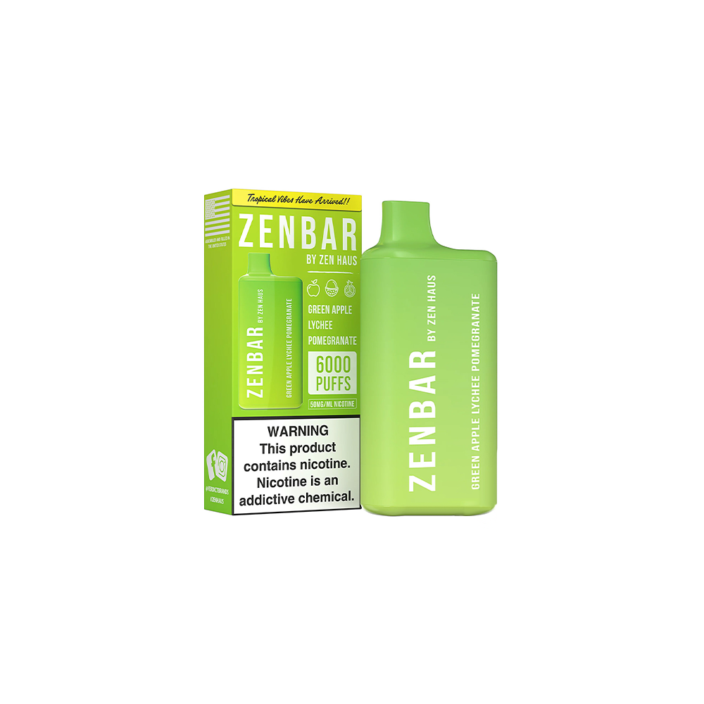 Zen Bar Disposable | 6000 Puffs | 13mL  | 50mg | MOQ 10 | Green Apple Lychee Pomegranate with Packaging