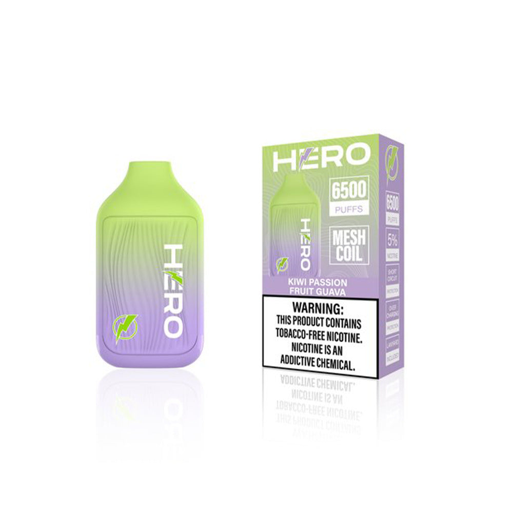 Hero Disposable 6500 Puffs 9mL 50mg Kiwi Passion Fruit Guava With Packaging