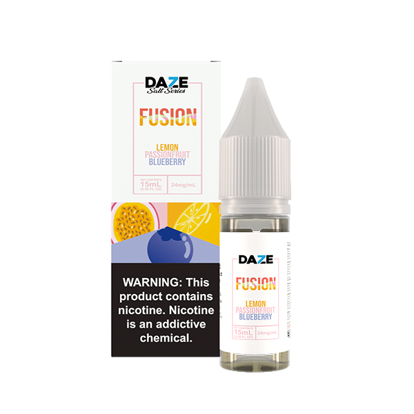 7Daze Fusion Salt Series E-Liquid | 15mL | (Salt Nic) | 24mg | Lemon Passionfruit Blueberry with packaging