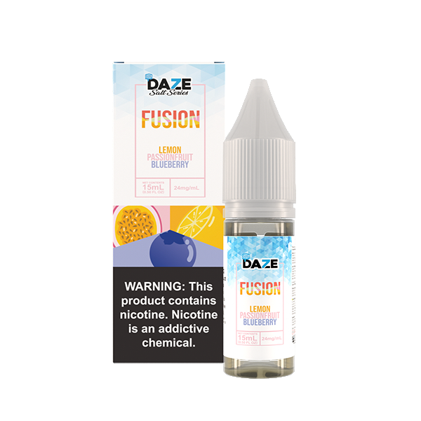 7Daze Fusion Salt Series E-Liquid | 15mL | (Salt Nic) | 24mg | Lemon Passionfruit Blueberry Iced with packaging