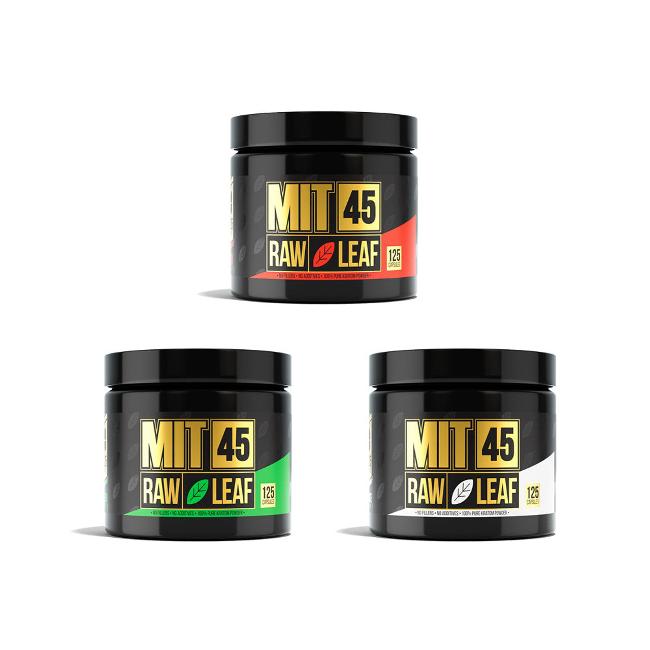 MIT45 Raw Leaf Kratom Capsules (62500mg 125ct Jar) Group Photo
