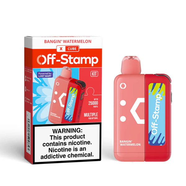 Off Stamp X Cube - 25K Puffs Disposable - 18mL 50mg (Disposable + Power Dock) | Bangin Watermelon with packaging