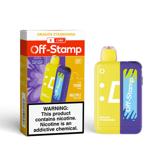 Off Stamp X Cube - 25K Puffs Disposable - 18mL 50mg (Disposable + Power Dock) | Dragon Strawnana with packaging