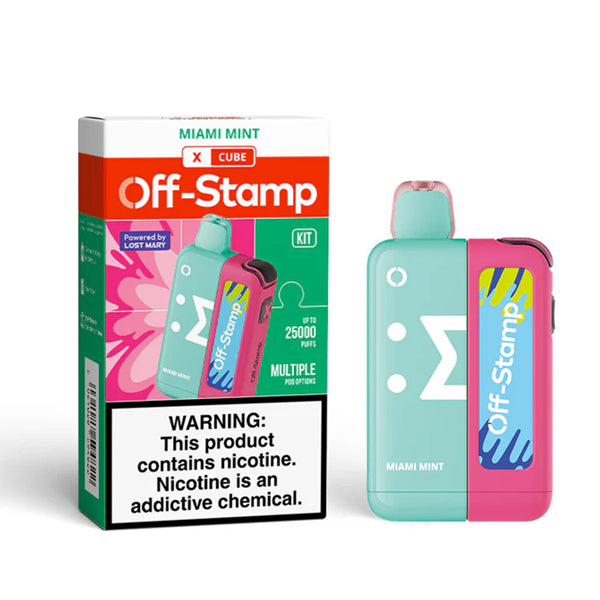 Off Stamp X Cube - 25K Puffs Disposable - 18mL 50mg (Disposable + Power Dock) | Miami Mint with packaging