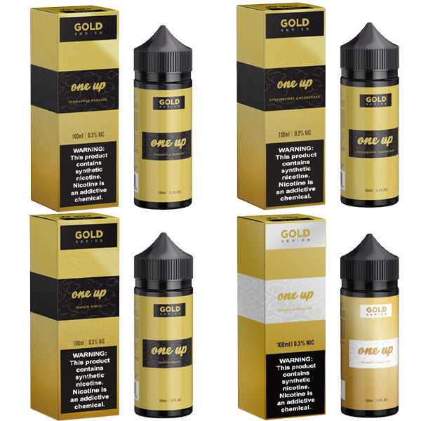 One Up TFN E-Liquid | 100mL | Freebase | Gold Series Group Photo with packaging