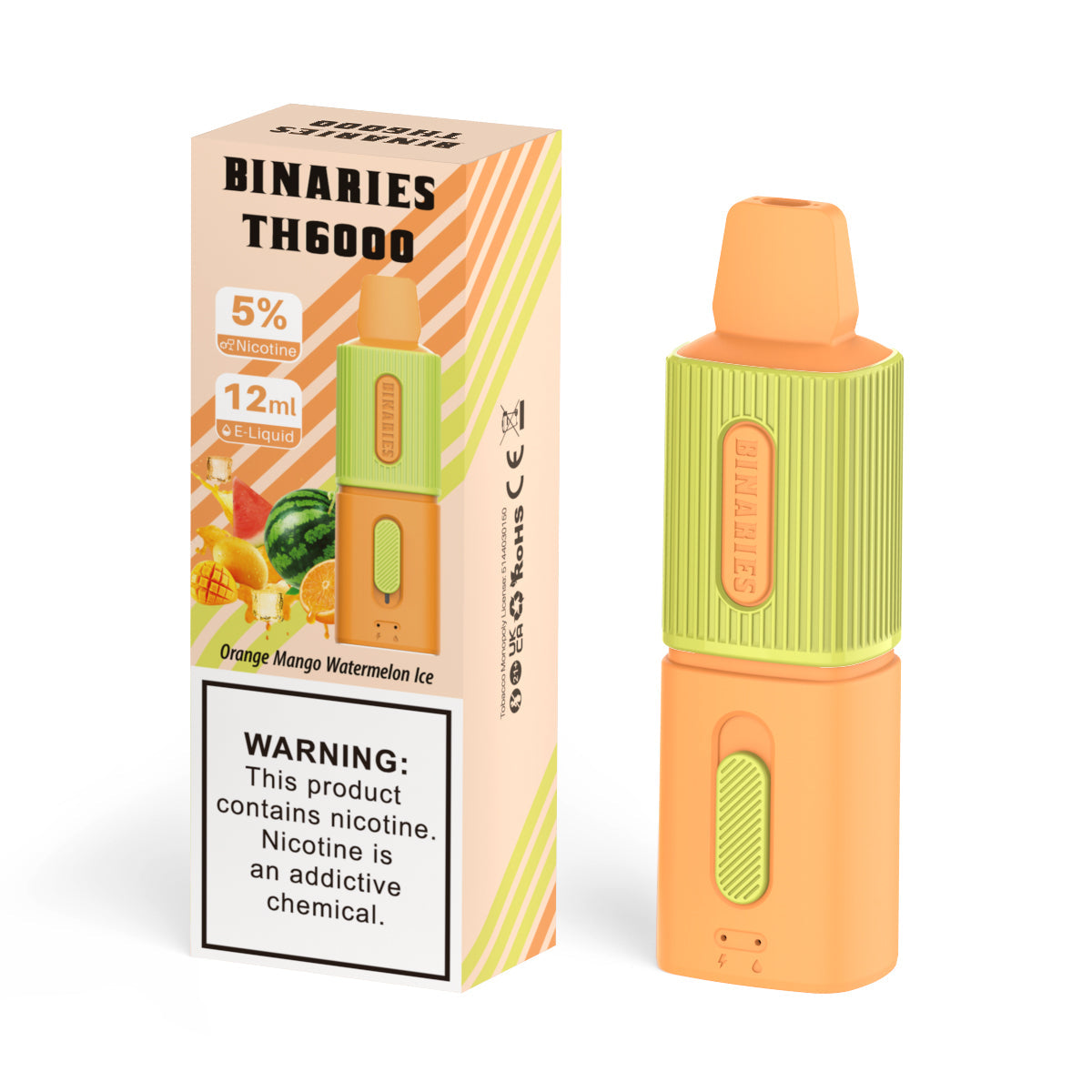 HorizonTech Binaries Cabin TH6000 Disposable | 6000 Puffs | 12mL | 50mg | MOQ 10 | Orange Mango Watermelon Ice with Packaging 
