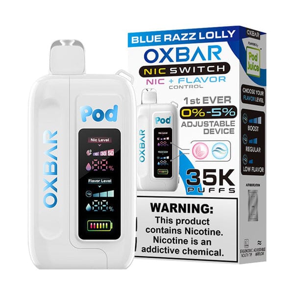 Oxbar Nic-Switch Pod Juice Edition Disposable | 35000 Puffs | 14mL | 00mg-50mg | MOQ 5 | Blue Razz Lolly with Packaging