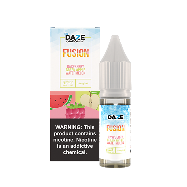 7Daze Fusion Salt Series E-Liquid | 15mL | (Salt Nic) | 24mg | Raspberry Green Apple Watermelon Iced with packaging