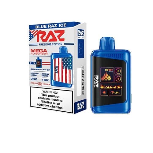 RAZ DC25000 Disposable | 25000 Puffs | 16mL | 50mg | MOQ 5 | Blue Raz Ice Freedom Edition with Packaging