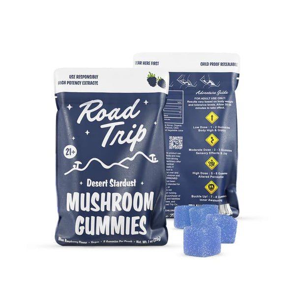 Road Trip Mushroom Gummies (28000mg 8ct Pouch) - Desert Stardust Mushroom Blue Raspberry with Packaging
