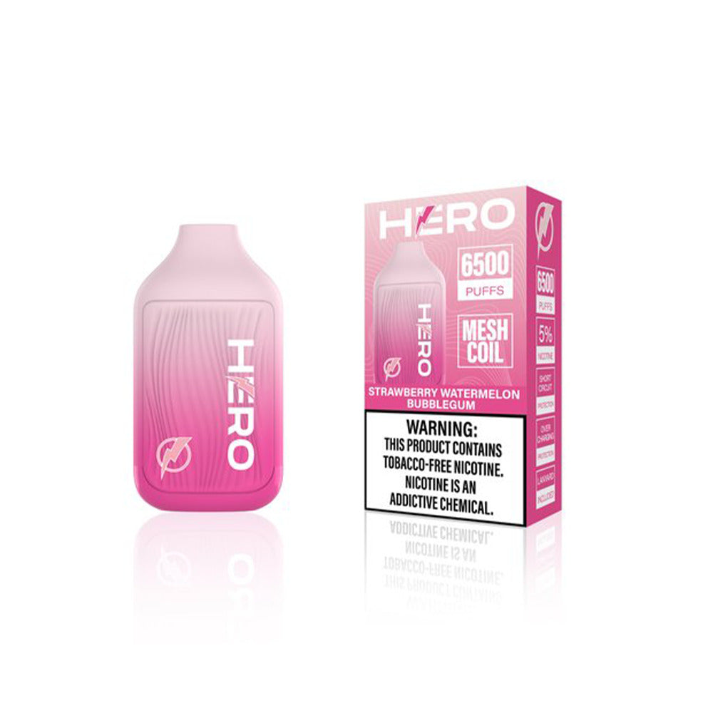Hero Disposable 6500 Puffs 9mL 50mg Strawberry Watermelon Bubblegum With Packaging