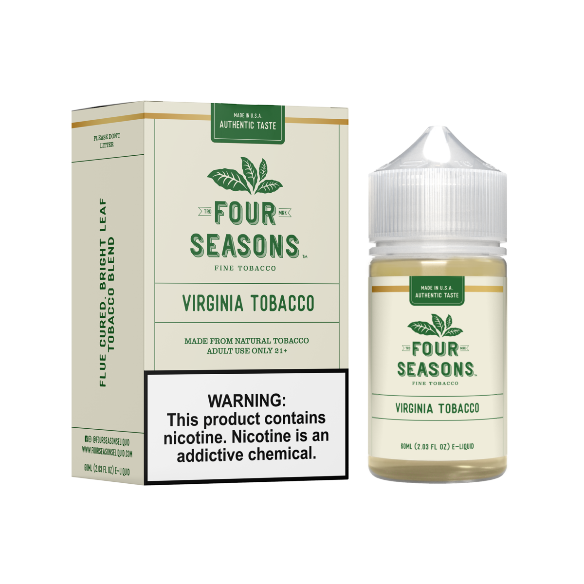 Four Seasons Series E-Liquid | 60mL | (Freebase) | Virginia Tobacco with packaging