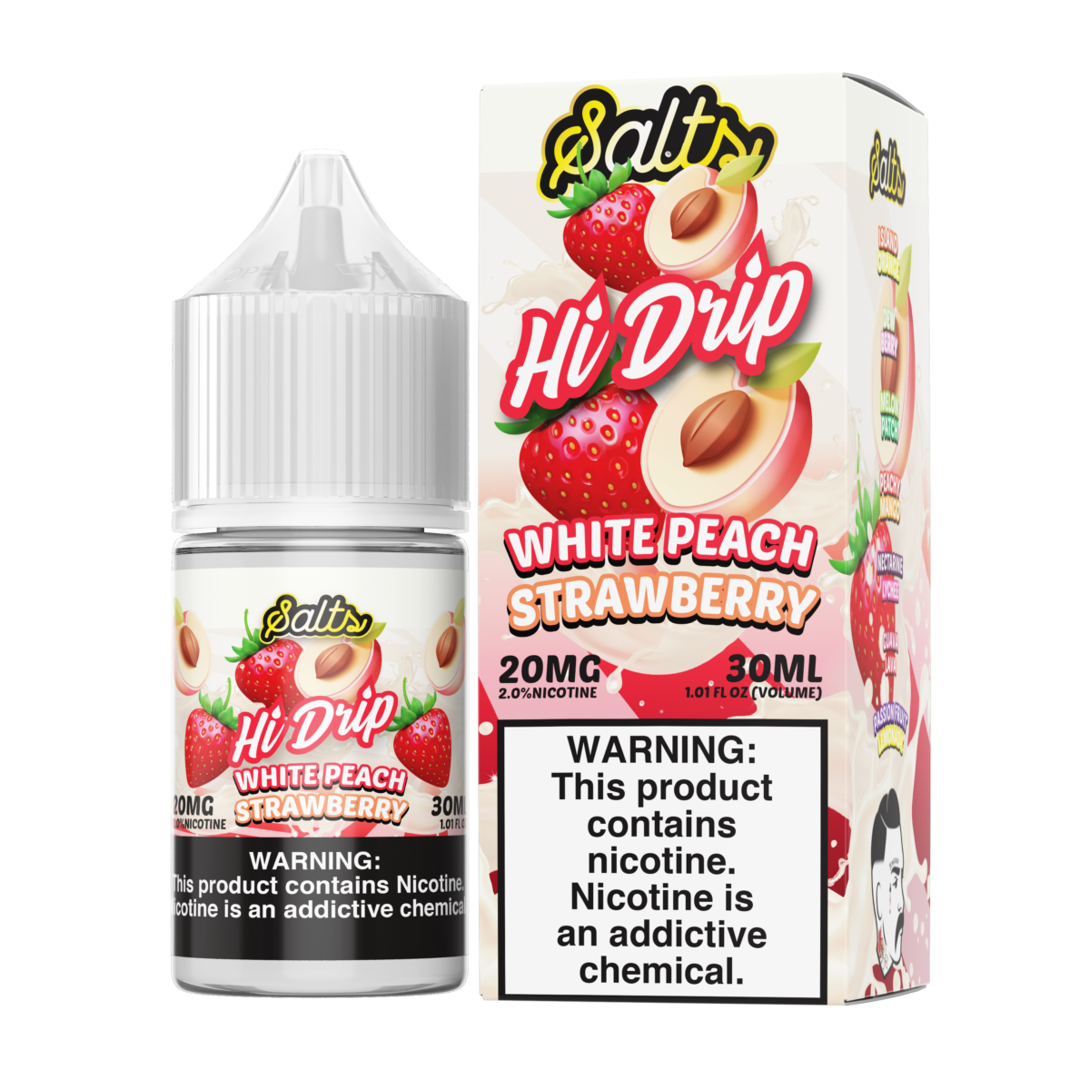 Hi-Drip Salt Series E-Liquid | 30mL | 20mg | (Salt Nic) | White Peach Strawberry with packaging