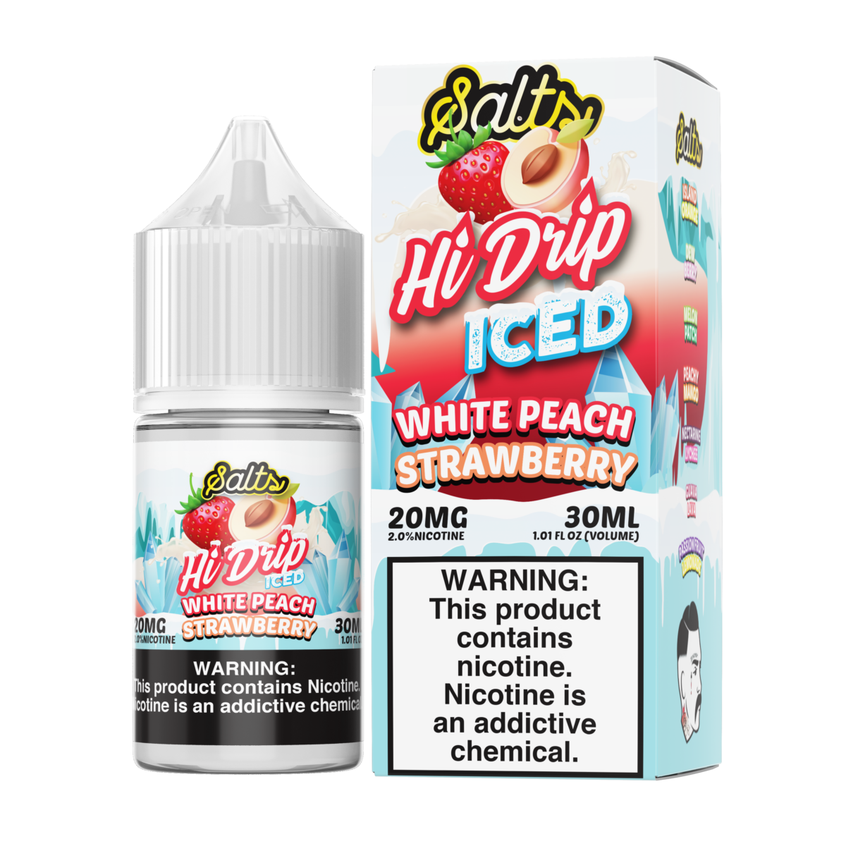 Hi-Drip Salt Series E-Liquid | 30mL | 20mg | (Salt Nic) | White Peach Strawberry Iced with packaging 