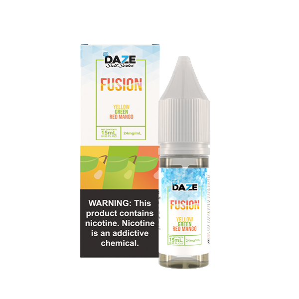 7Daze Fusion Salt Series E-Liquid | 15mL | (Salt Nic) | 24mg | Yellow Green Red Mango Iced with packaging